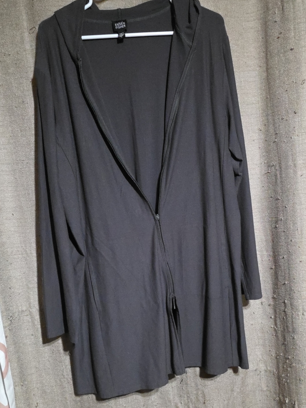 Eileen Fisher Charcoal Grey Hooded Zip Tunic Jacket / Cardigan